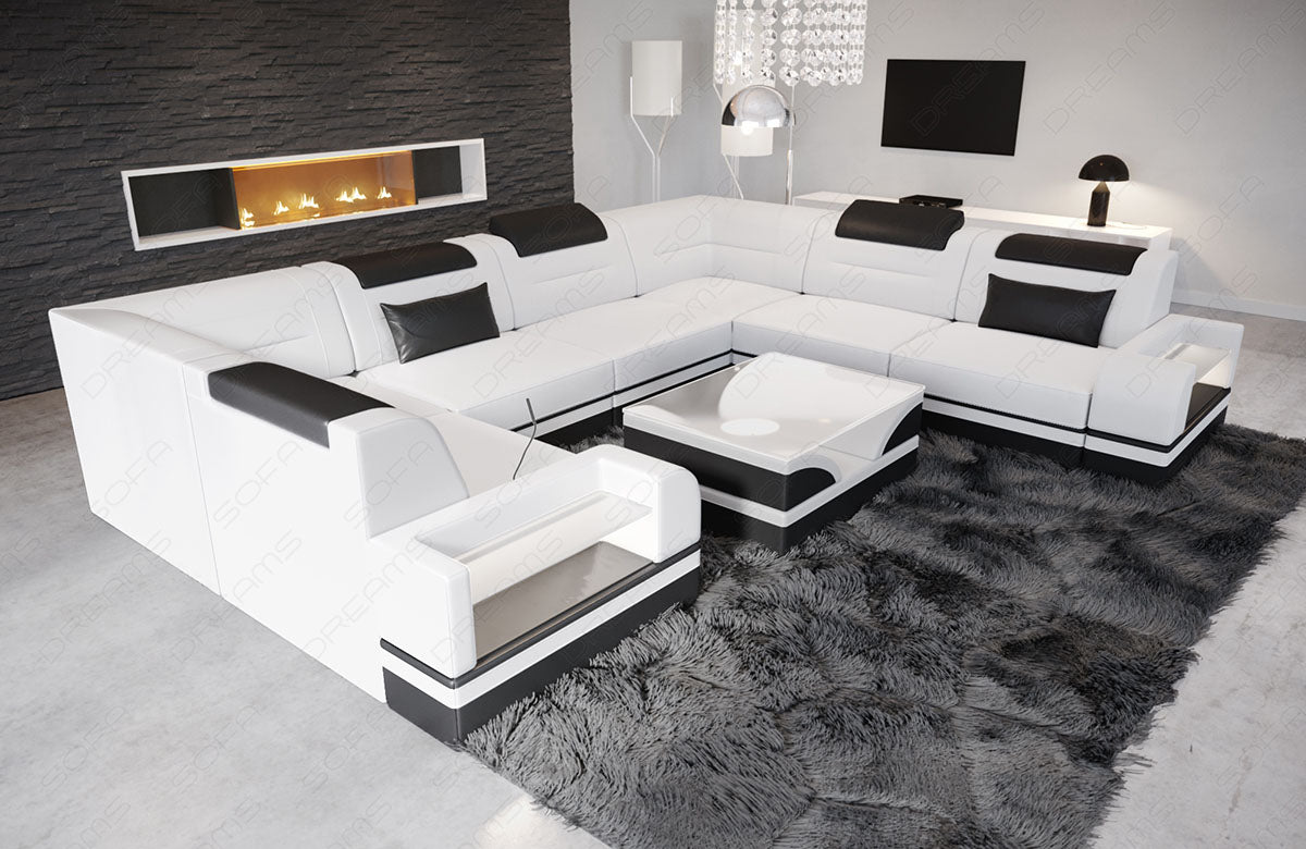 U Form Ledersofa Trivento Mini mit Beleuchtung in weiß-schwarz