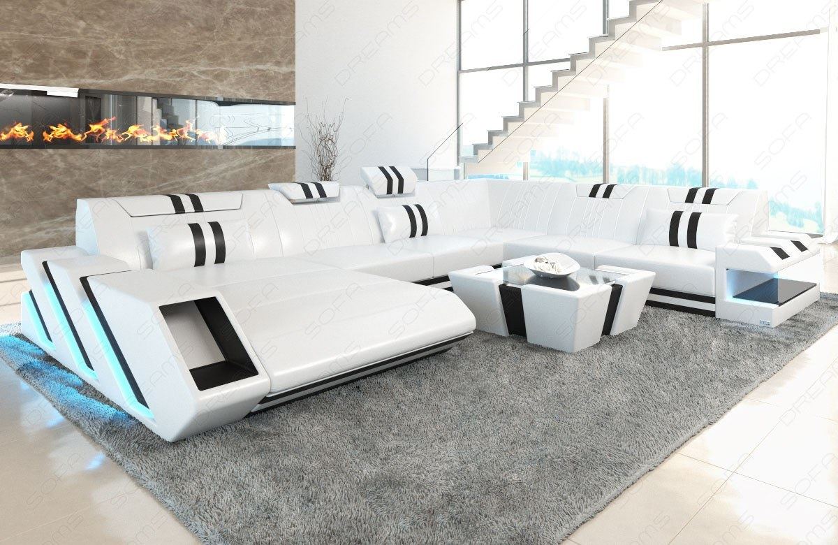 Designer Wohnlandschaft Apollonia XXL mit LED Beleuchtung in weiss-schwarz