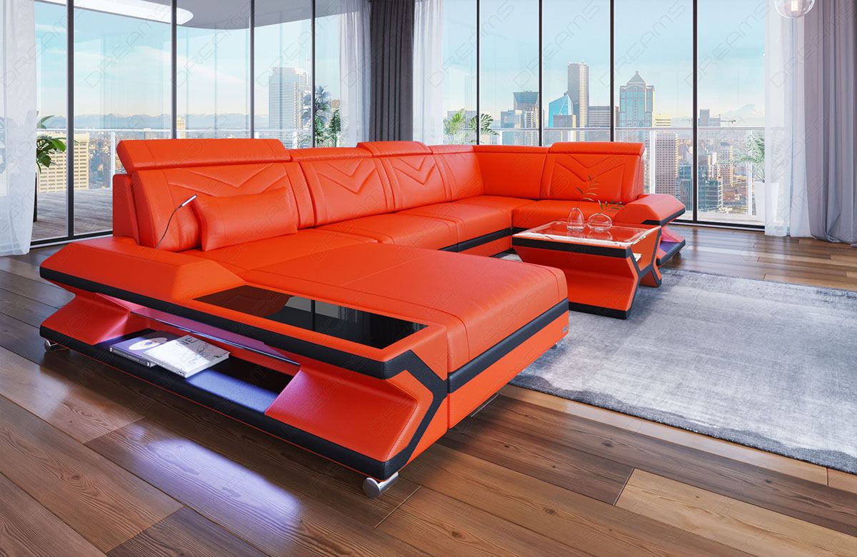 Wohnlandschaft Napoli in Leder orange-schwarz