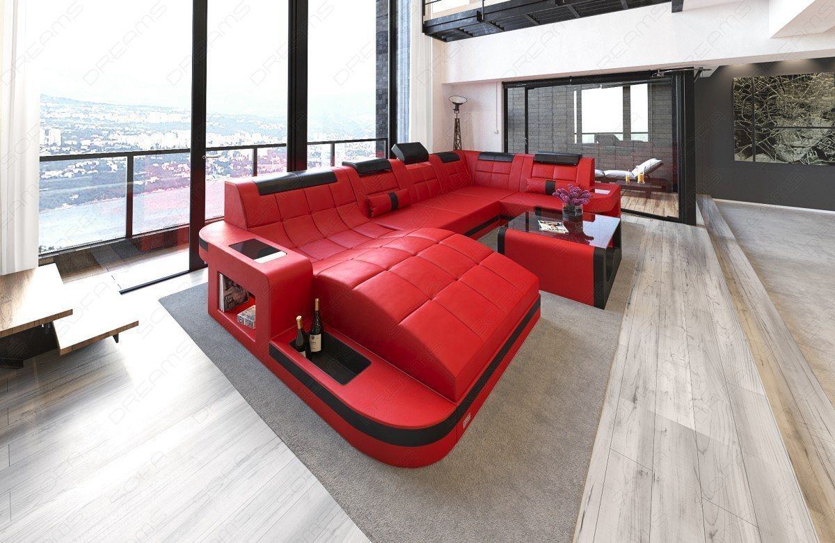 Designer Wohnlandschaft Wave mit Beleuchtung als rot-schwarz Variante