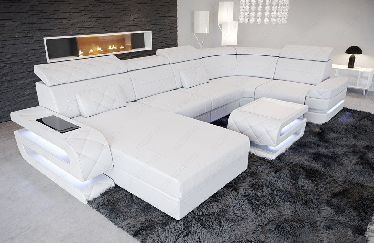 Designer Leder Wohnlandschaft Bologna U Form in weiss
