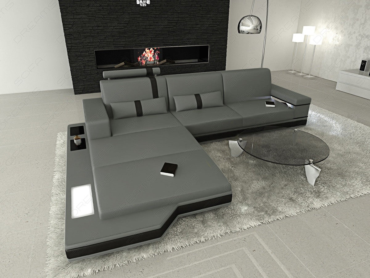 Ledersofa Messana L Form Mini mit Beleuchtung in grau-schwarz