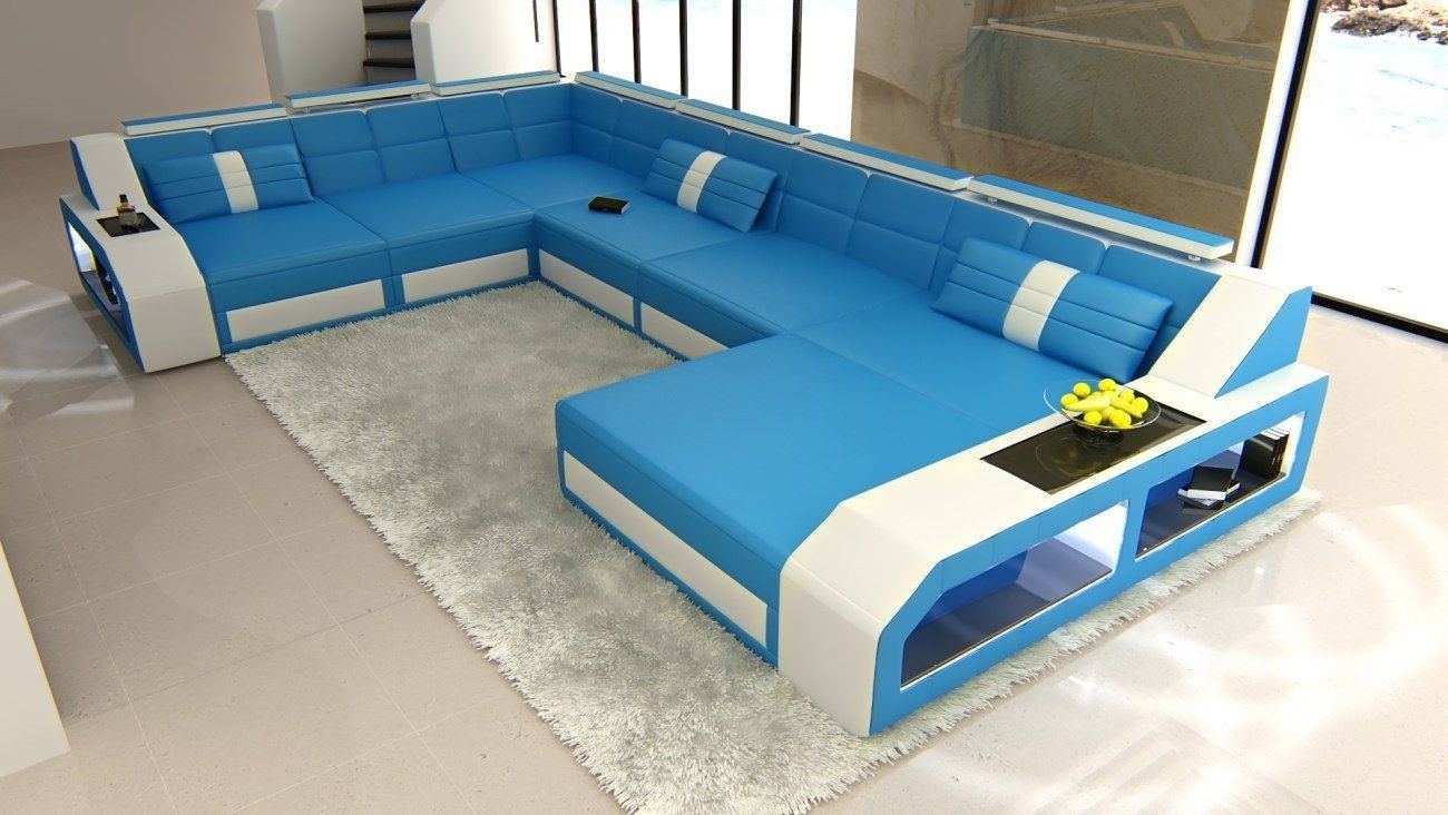 U Form XXL Ledersofa Matera Mini in Leder blau