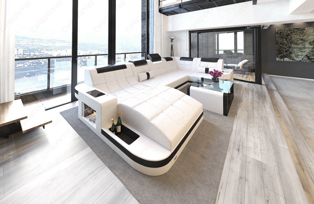 Ledersofa Wohnlandschaft Wave in weiss-schwarz