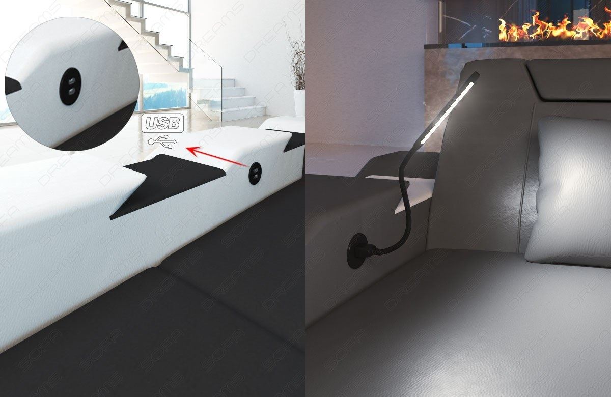 Das Ledersofa Apollonia in der L Form hat einen optional erhältlichen USB Port inkl. mitgelieferter LED Leselampe