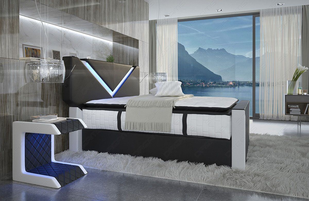 Boxspringbett Lyon in Leder schwarz-weiß