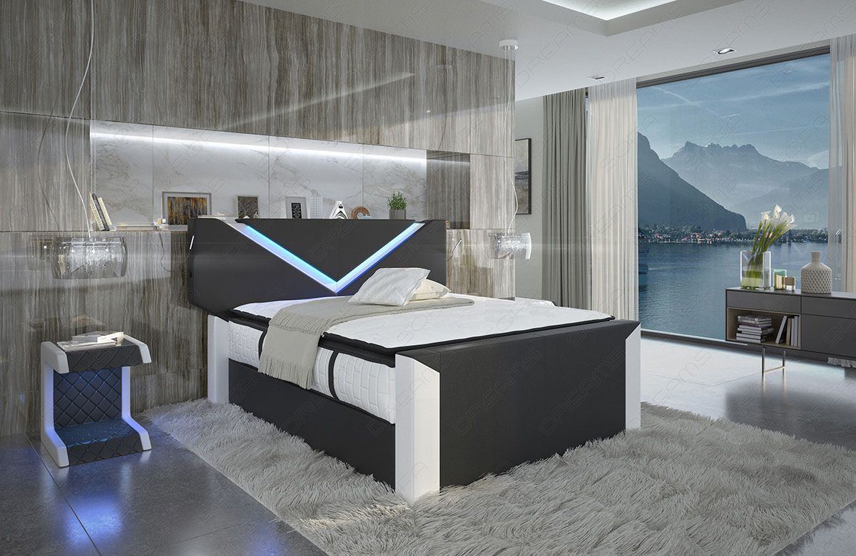 Design Boxspringbett Lyon mit moderner LED Beleuchtung und USB Anschlüssen in schwarz-weiß