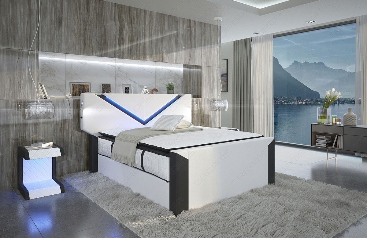 Hochwertiges Boxspringbett Lyon in weiß-schwarz mit integrierter LED Beleuchtung
