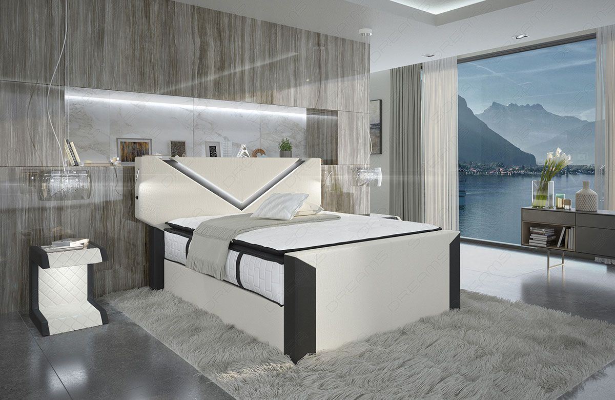 Stoff Boxspringbett Lyon mit USB und LED in elfenbein - Hugo 1