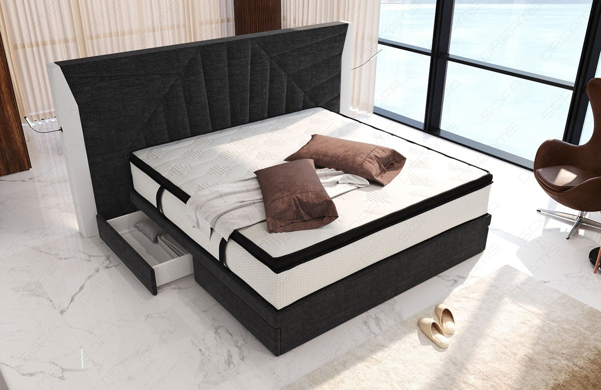 Polster Boxspringbett Monaco mit LED Beleuchtung und Schubladen in schwarzgrau - Hugo12 - Nebenfarbe weiß
