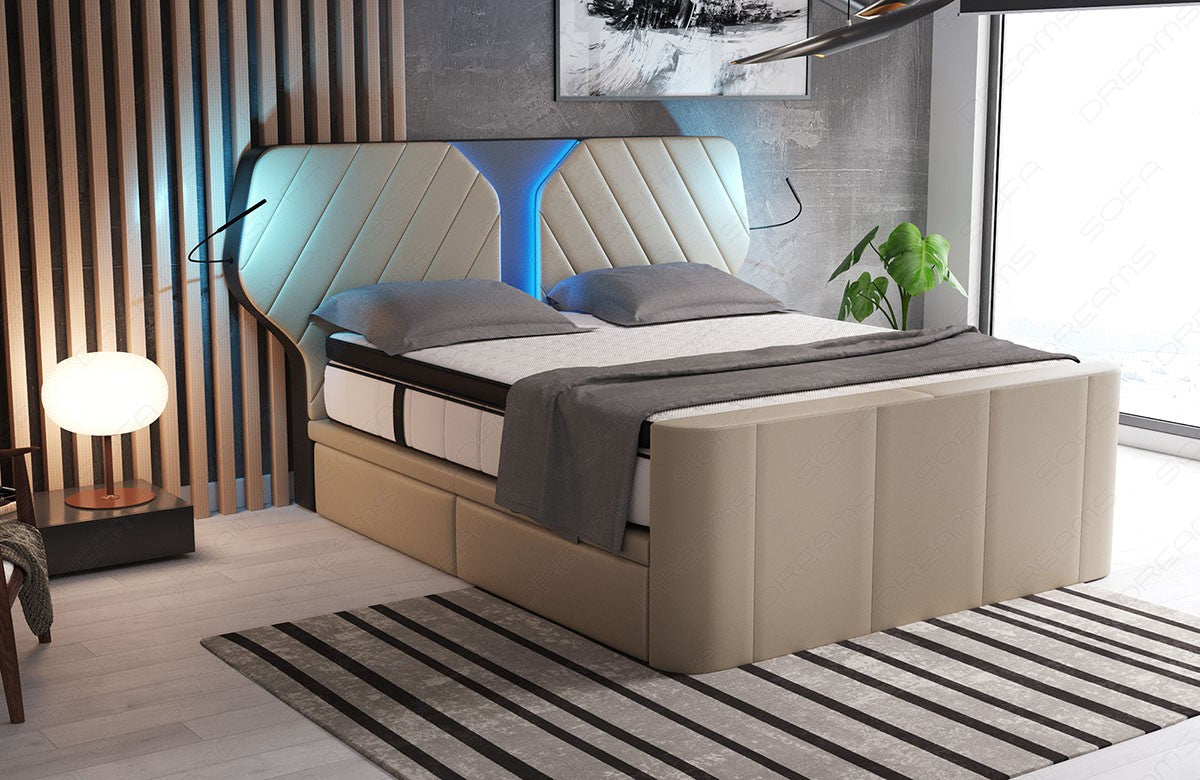 Designer Boxspringbett Nizza in sandbeige-schwarz. Liegemaß frei wählbar von 140x200cm bis 200x220cm