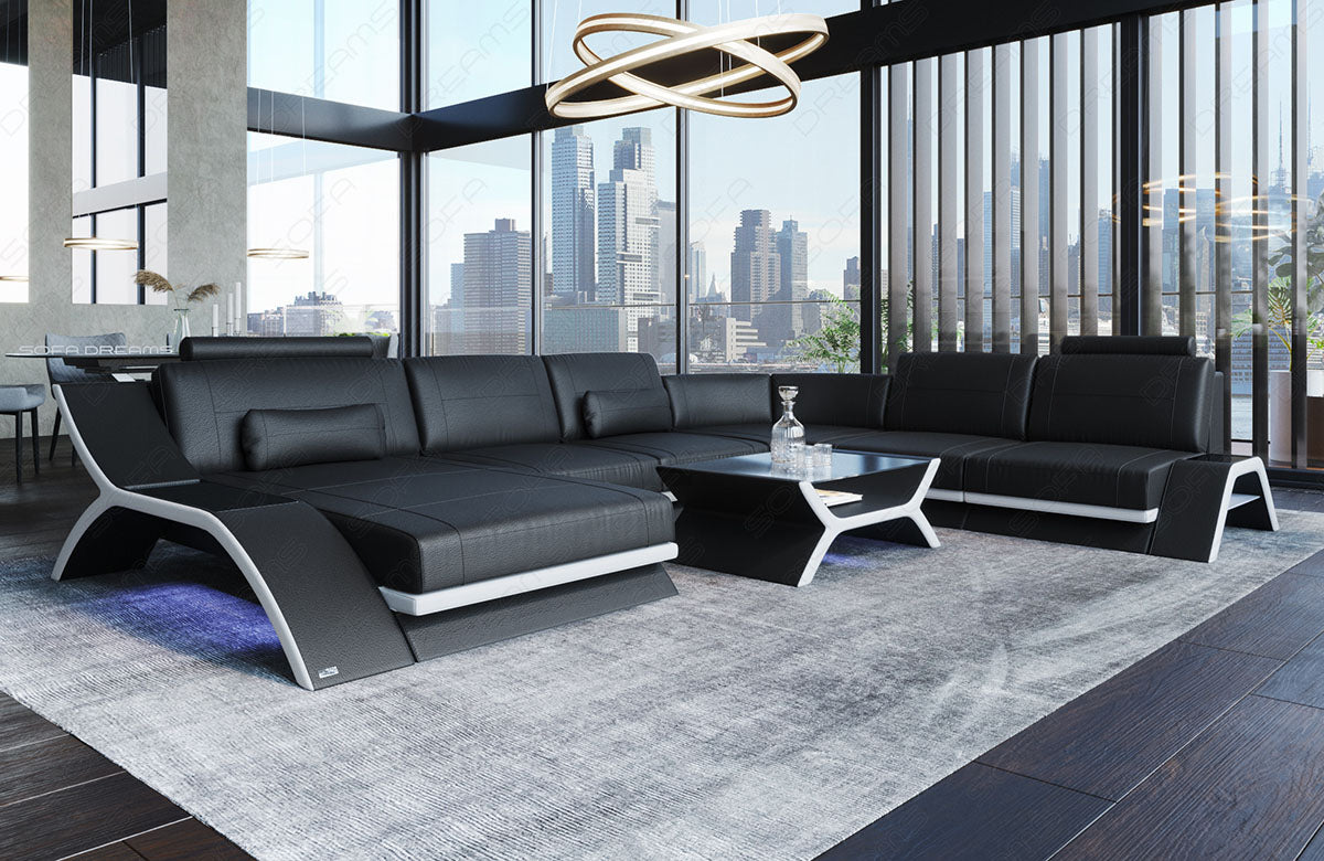 Wohnlandschaft Calabria XL Leder in schwarz - weiss