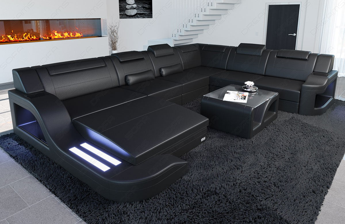 Ledersofa Palermo XXL in schwarz mit LED Beleuchtung