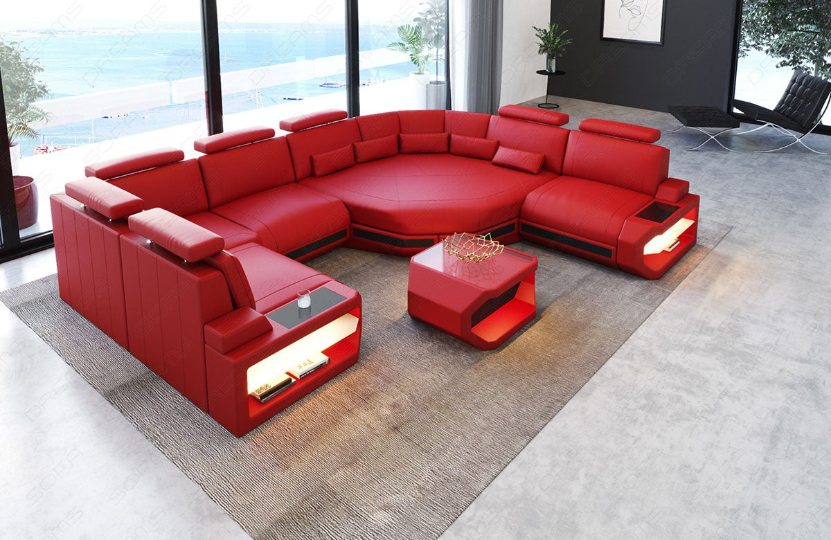 Design Leder Wohnlandschaft Asti Mini U Form in rot-schwarz