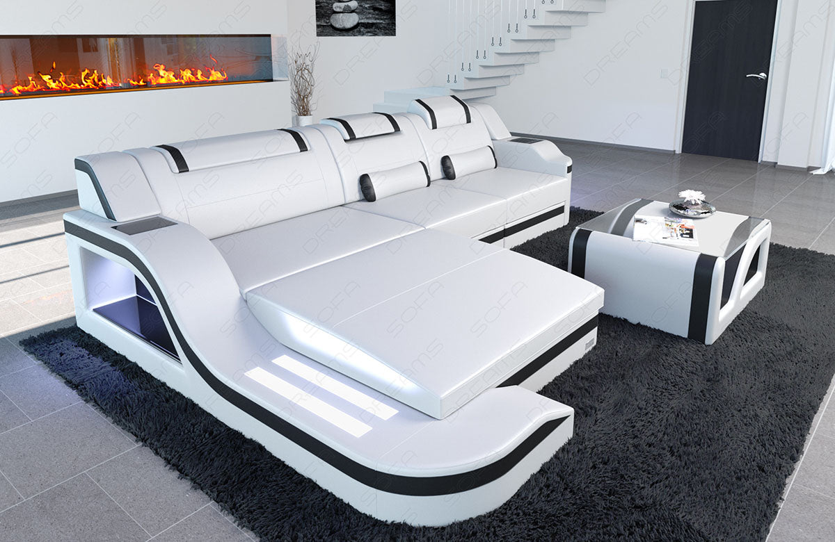 Ledercouch Palermo L Form mit LED Beleuchtung in weiss-schwarz