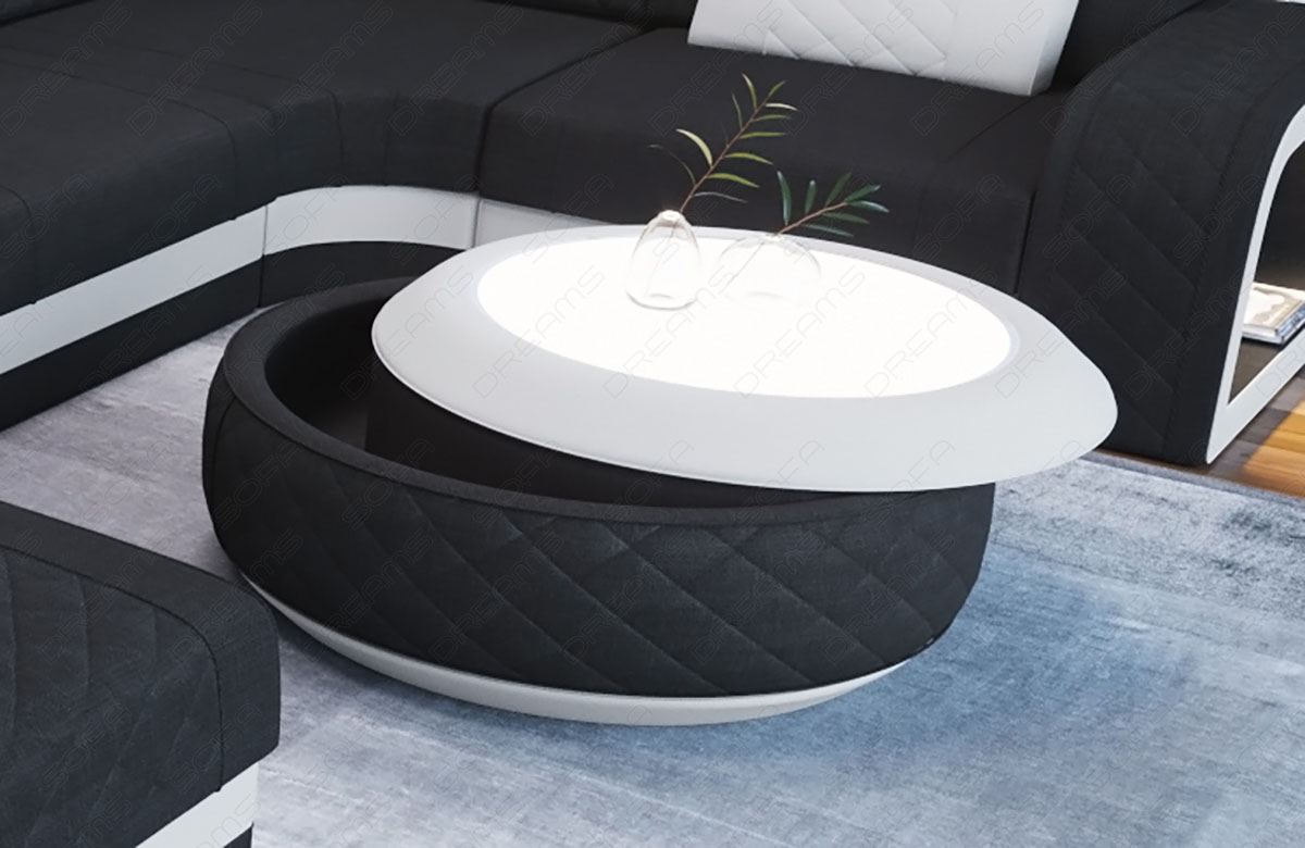 Moderner Couchtisch Berlin mit LED Beleuchtung in Webstoff Hugo14 - schwarz