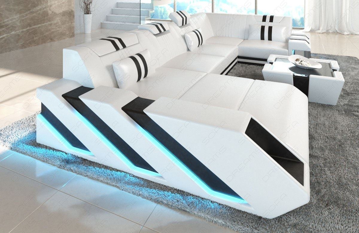 Sofa Wohnlandschaft Apollonia U Form mit LED in weiss-schwarz