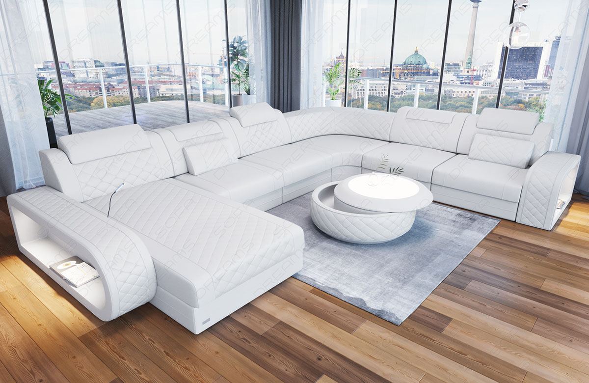 Mini U Form Ledersofa Berlin XXL mit schmalen Sitzflächen in Farbe weiss