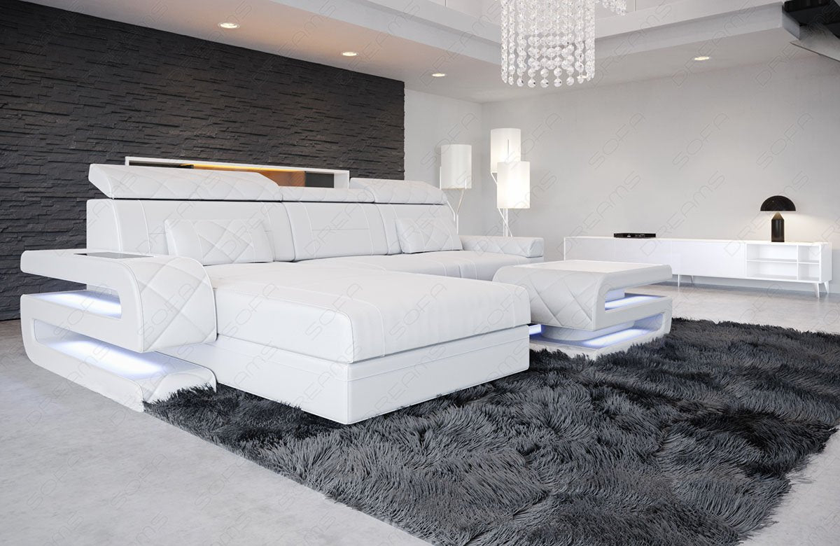 Designer Ledersofa Bologna L Form in weiss
