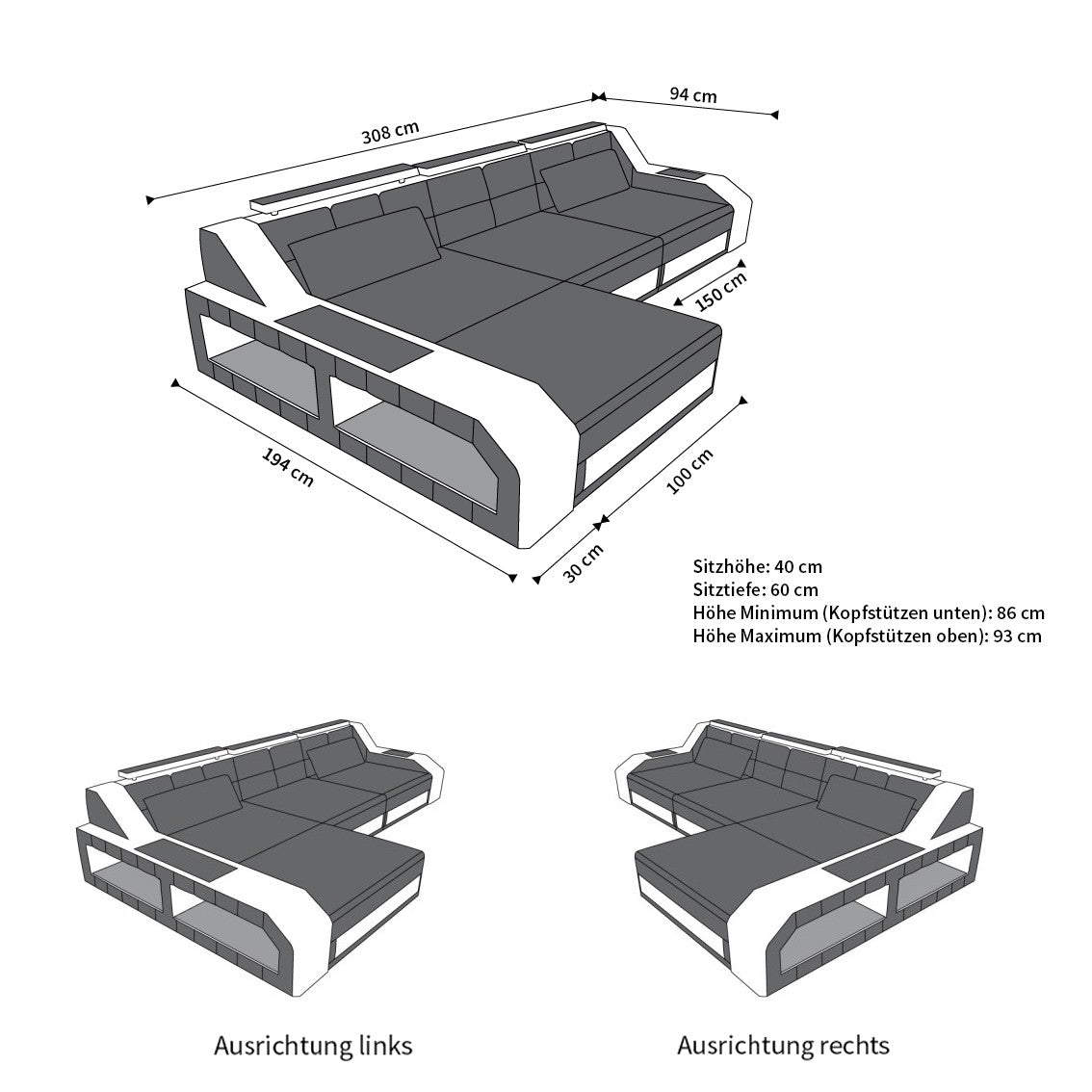 Abmessungen Sofa Arezzo L Form