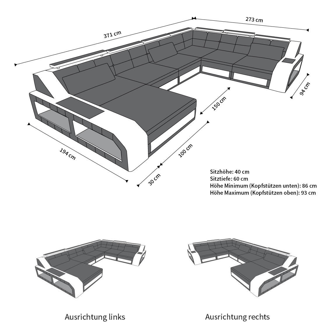 Sofa Wohnlandschaft Matera XXL LED Grau-Schwarz