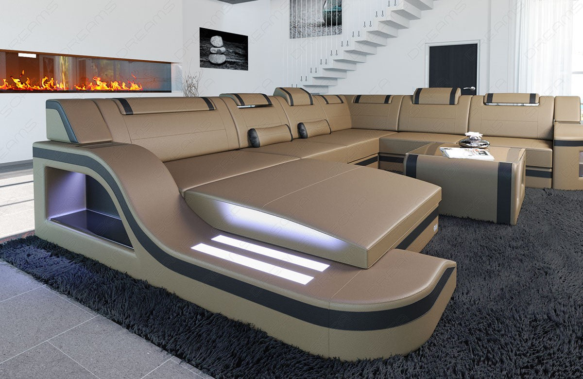 Leder Wohnlandschaft Palermo XXL in sandbeige-schwarz