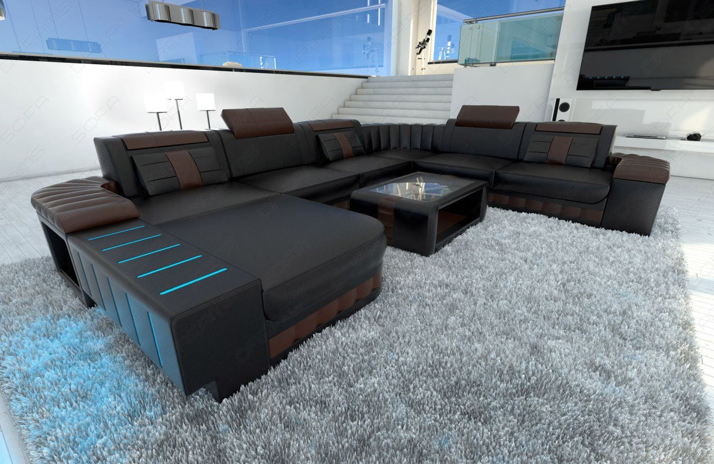 Ledersofa Wohnlandschaft Bellagio XXL in schwarz-dunkelbraun mit Ablageflächen