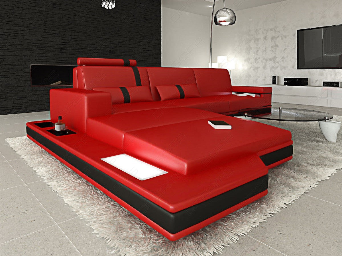 Exklusives Ledersofa Messana L Form in rot-schwarz