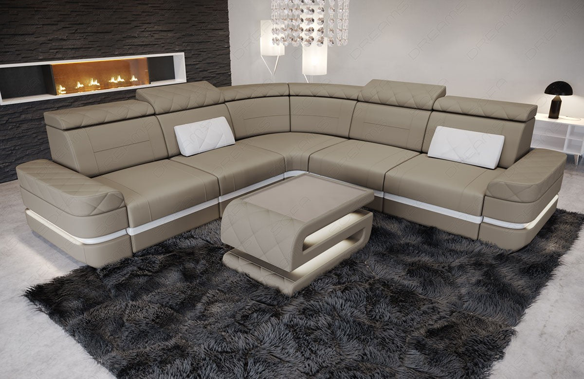 Mikrofaser Eckcouch Positano L Form in taupe - Mineva21 - Nebenfarbe weiß