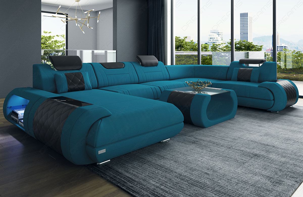 Mikrofaser Polstersofa Rimini U Form in azurblau - Mineva23