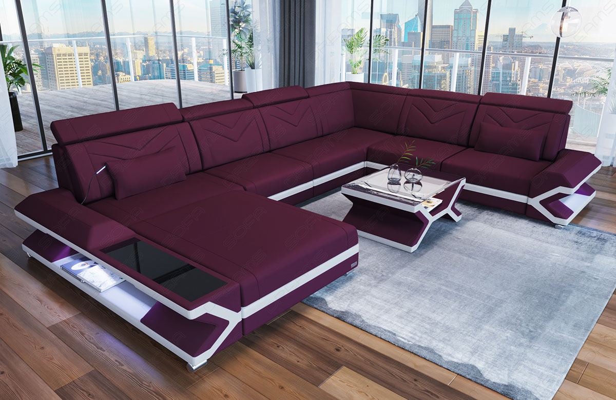 XXL Stoffsofa Napoli U Form Mini Sofa mit LED in lila - Mineva13