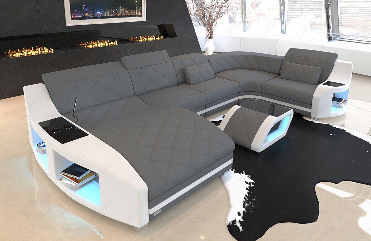 U Form Stoffsofa Swing als Mini Sofa mit LED mit Ottomane in grau - Mineva15