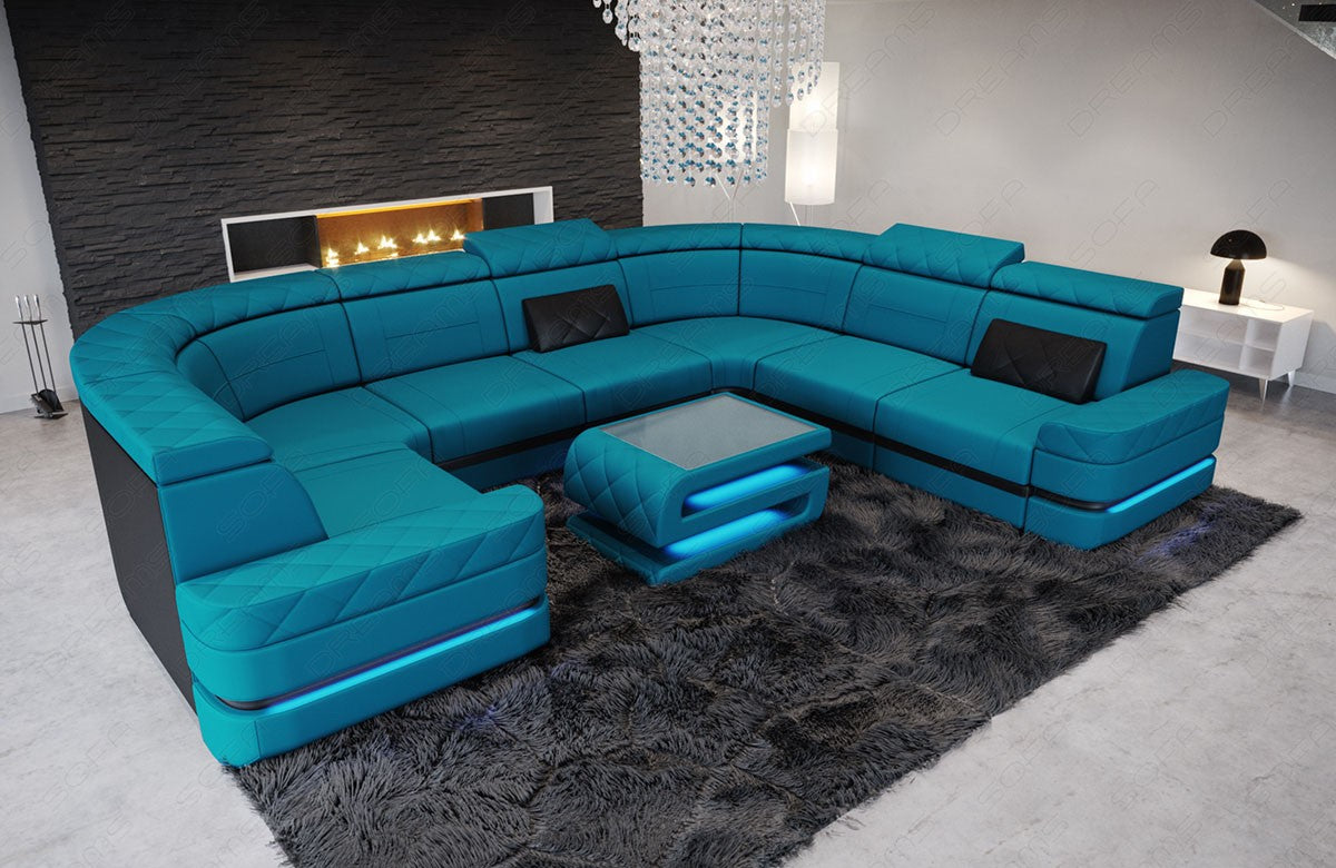 Mikrofaser Wohnlandschaft Positano U Form in azurblau - Mineva23 - Nebenfarbe schwarz
