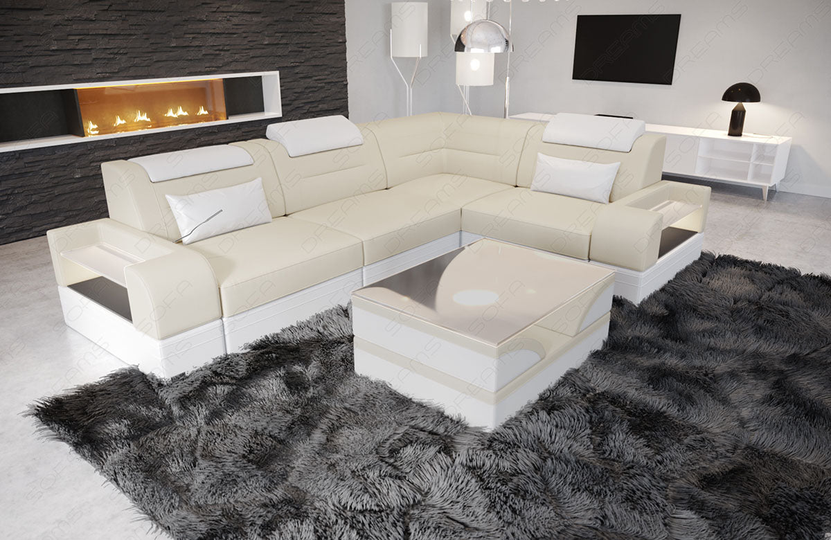 Mini L Form Sofa Trivento mit LED, USB und in Stoffbezug kurz in elfenbein - Mineva1 Mikrofaser Stoff