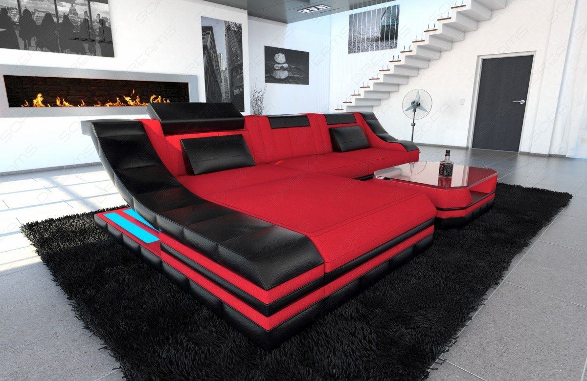 Stoffsofa Turino L Form mit LED Beleuchtung rot Mineva 20