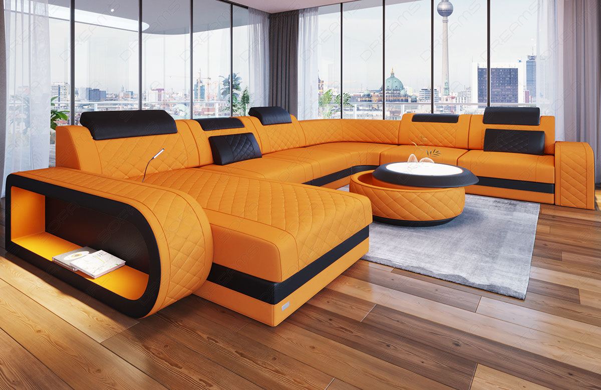 Stoff Wohnlandschaft Berlin XXL mit Ottomane in apricot - Mineva16 Mikrofaser Stoff