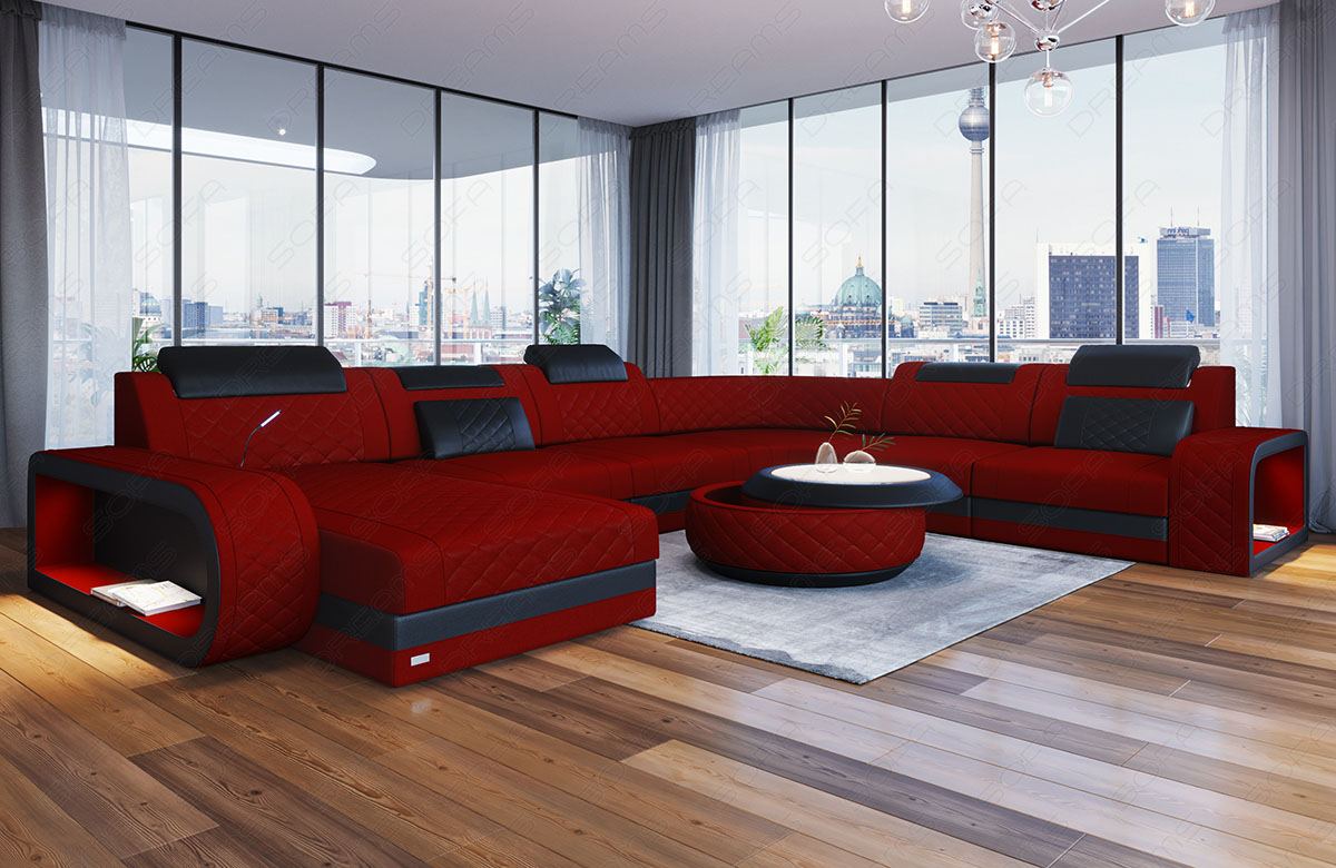 Design Stoff Wohnlandschaft Berlin XXL mit LED-Beleuchtung in dunkelrot - Mineva10