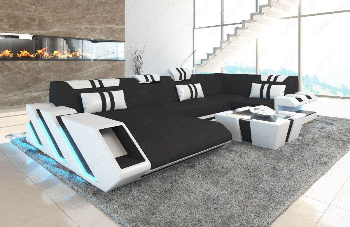 Designer Stoff Wohnlandschaft Apollonia U Form Mikrofaser in schwarz - Mineva14