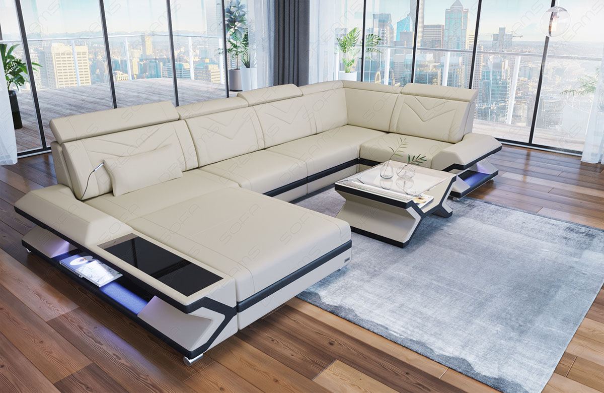 Mini U Form Stoffsofa Napoli -Sofa mit LED und USB in elfenbein - Mineva1