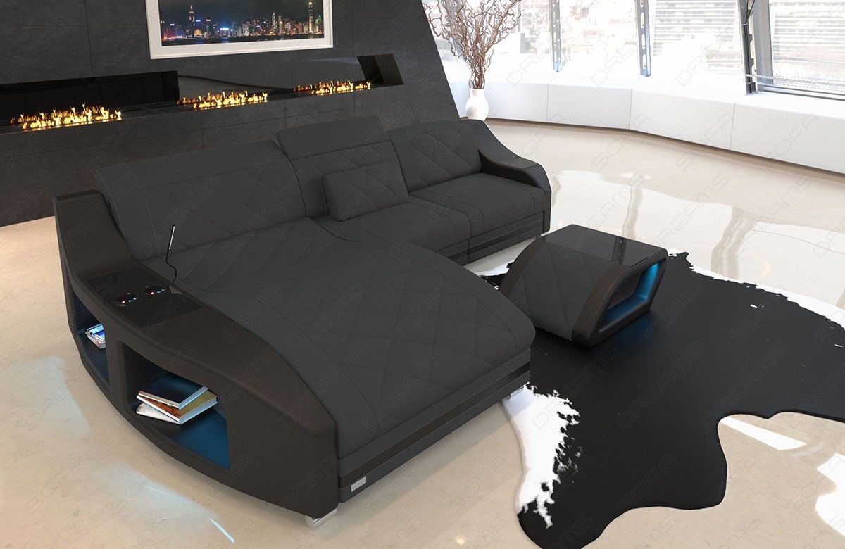 Mini Stoffsofa Swing als L Form Sofa mit USB Anschluss und LED in dunkelgrau - Mineva8 Mikrofaser Stoff