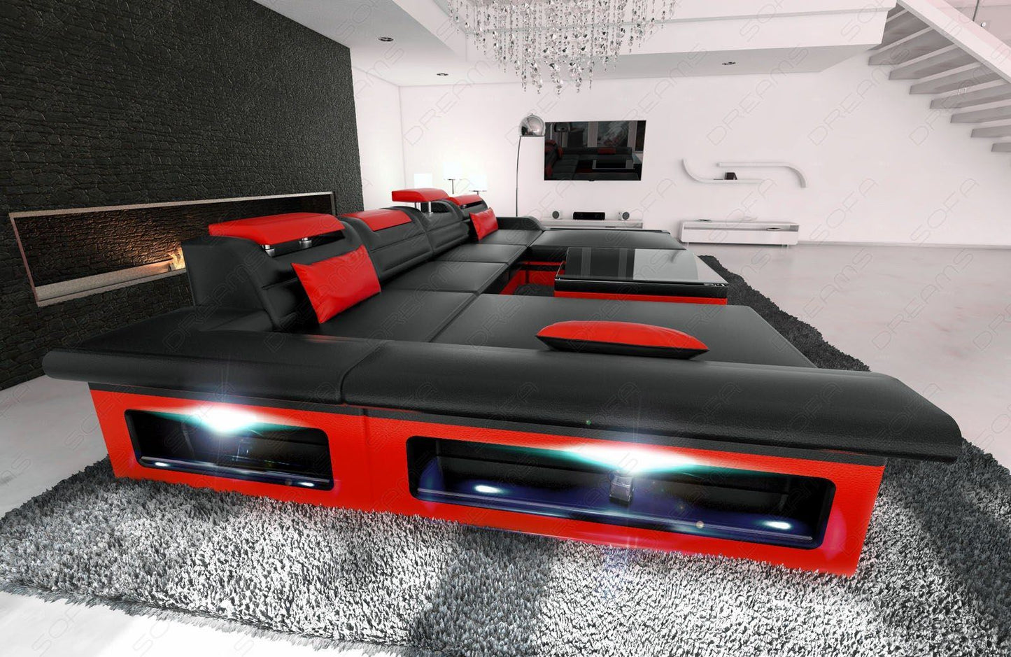 Designer Sofalandschaft Monza U Form in schwarz-rot