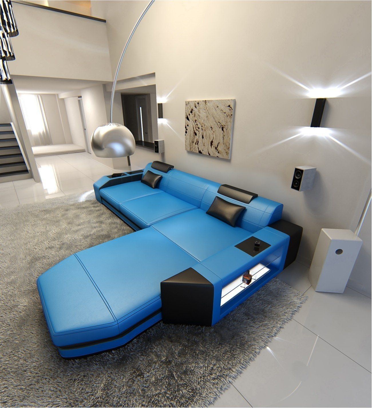 Mini Ledersofa Prato in der L Form in blau-schwarz