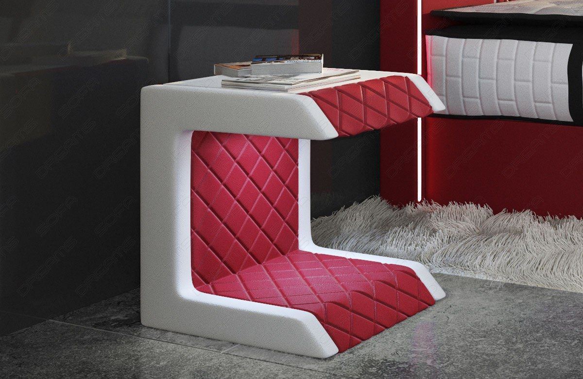 Nachttisch Tisch Paris Leder mit schwarzer Glas Tischplatte in rot - weiss
