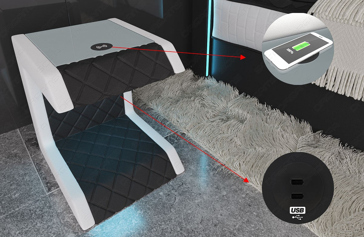Detailbild Nachttisch Paris Leder schwarz-weiß mit Induktionsladefläche und USB-Anschluss (beides optional erhältlich)