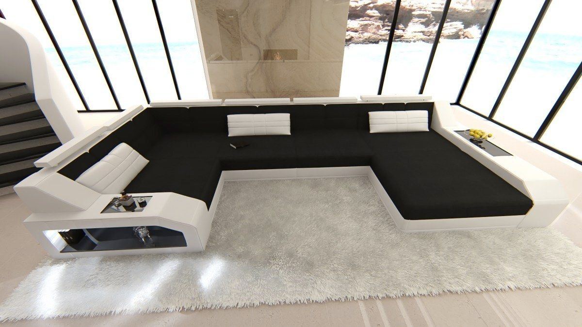 Stoff Wohnlandschaft Arezzo U Form mit LED-Beleuchtung in schwarz - Mineva14