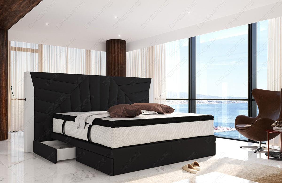 Polster-Boxspringbett Monaco mit LED Beleuchtung und Schubladen in schwarz - Mineva14 - Nebenfarbe weiß