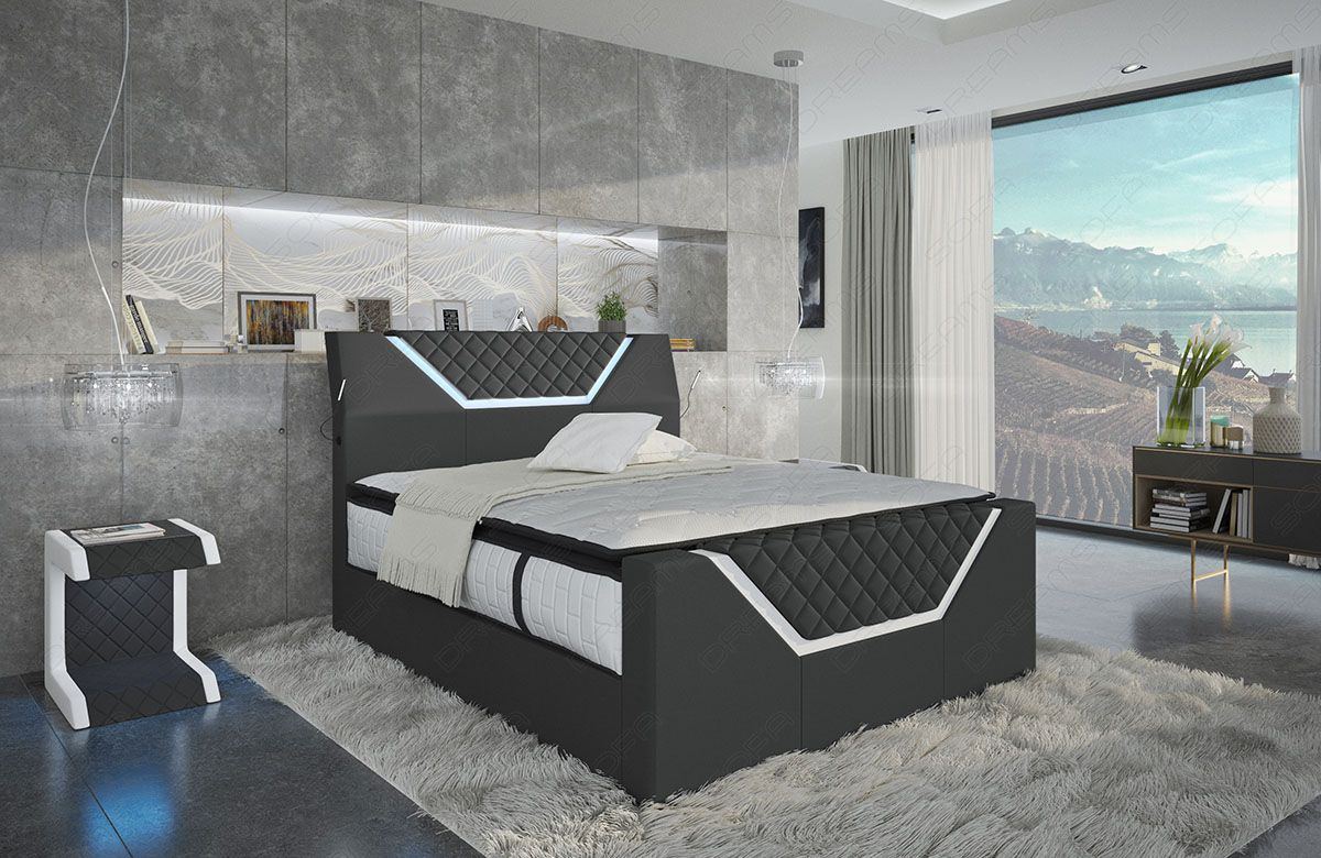 Polsterstoff Boxspringbett Nantes mit USB Anschluss in Microfaserstoff Mineva 8 - dunkelgrau