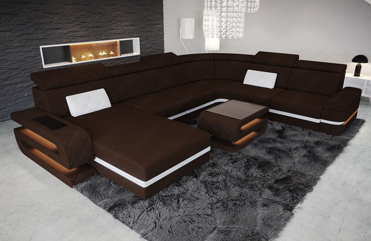 Moderne Stoff Wohnlandschaft Bologna XXL in dunkelbraun - Mineva7 Akzentfarbe weiß