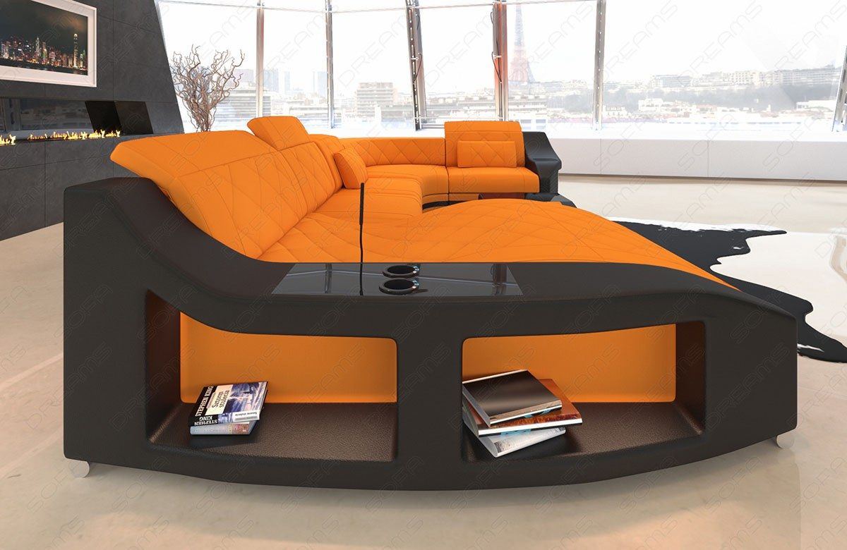 U Form Stoffsofa Swing als Mini Sofa mit LED mit Becherhaltern in apricot - Mineva16