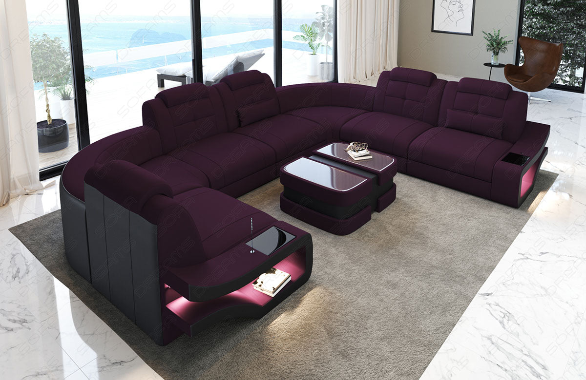 U Form Sofa Elena mit Stoffbezug als Mini Version in lila - Mineva13 - Nebenfarbe schwarz - Bitte beachten: Die Rückwand ist in den Farben der Hauptfarbe!